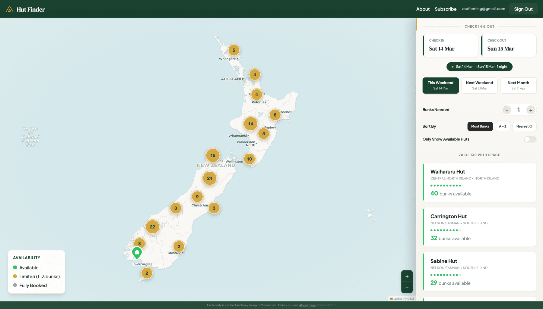 Hut Finder — availability map and list of New Zealand huts