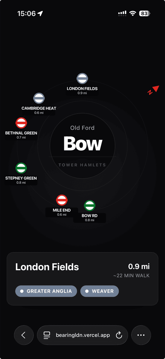 Bearing — compass view pointing to nearby London stations