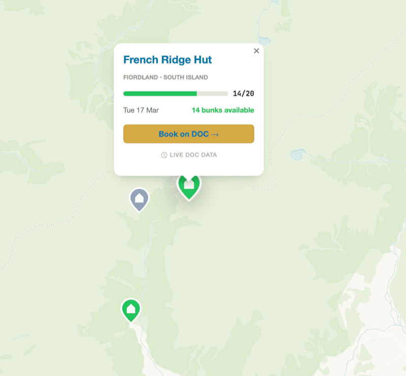French Ridge Hut detail popup — 14 bunks available